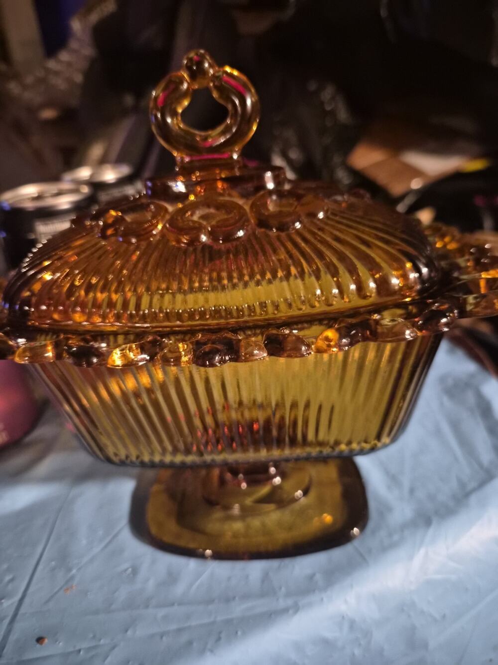 Indiana Glass Amber Oblong Candy Dish With Lid Filigree Edge Vintage With Box